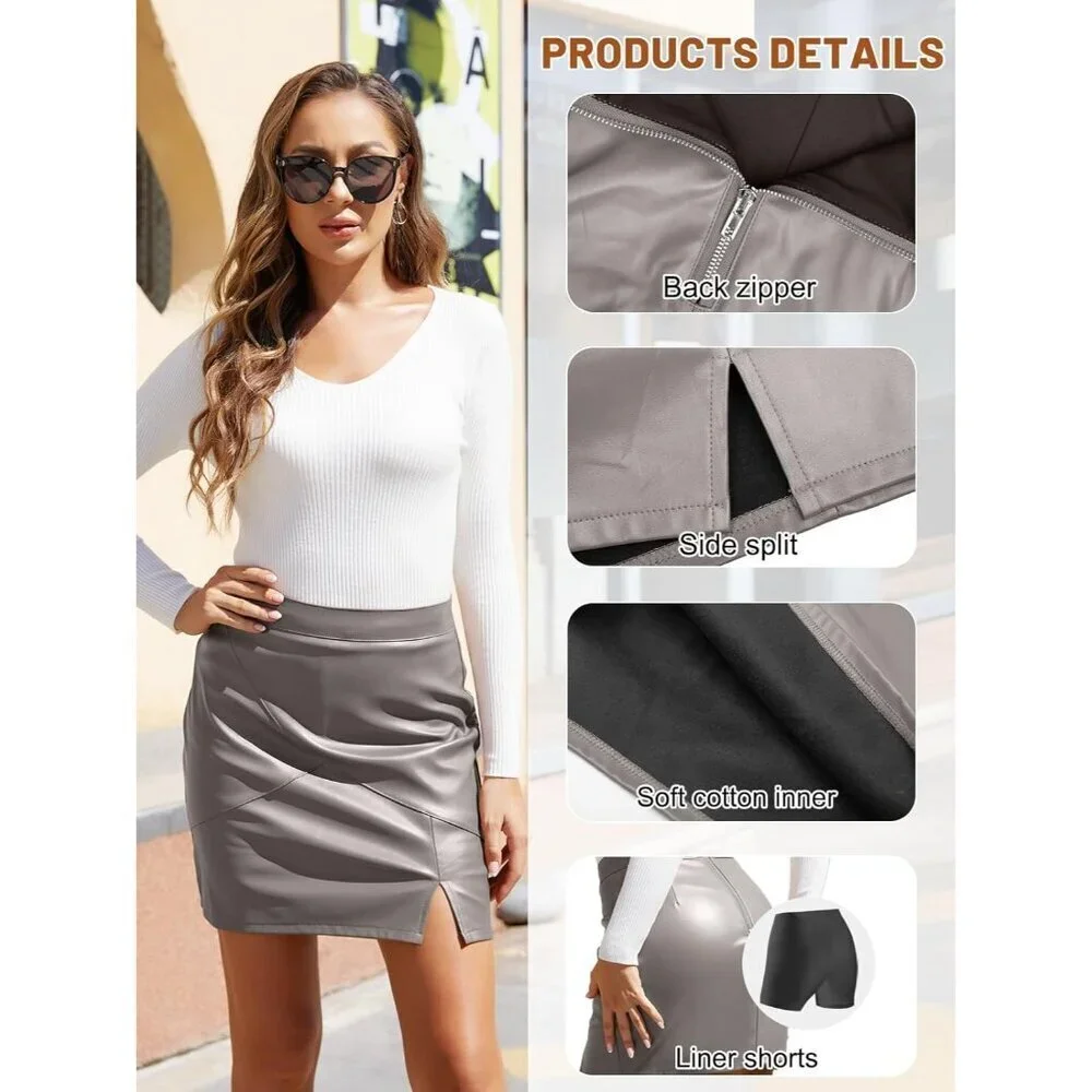 Women's Grey Faux Leather Zipper High Waisted Bodycon Pencil Mini Skirts